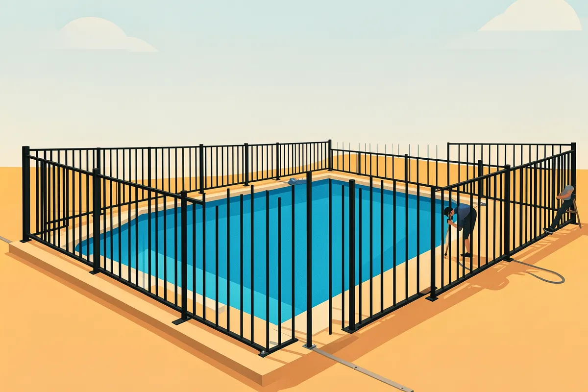 Instalação de uma cerca de piscina de alumínio preta ao redor de uma piscina azul.