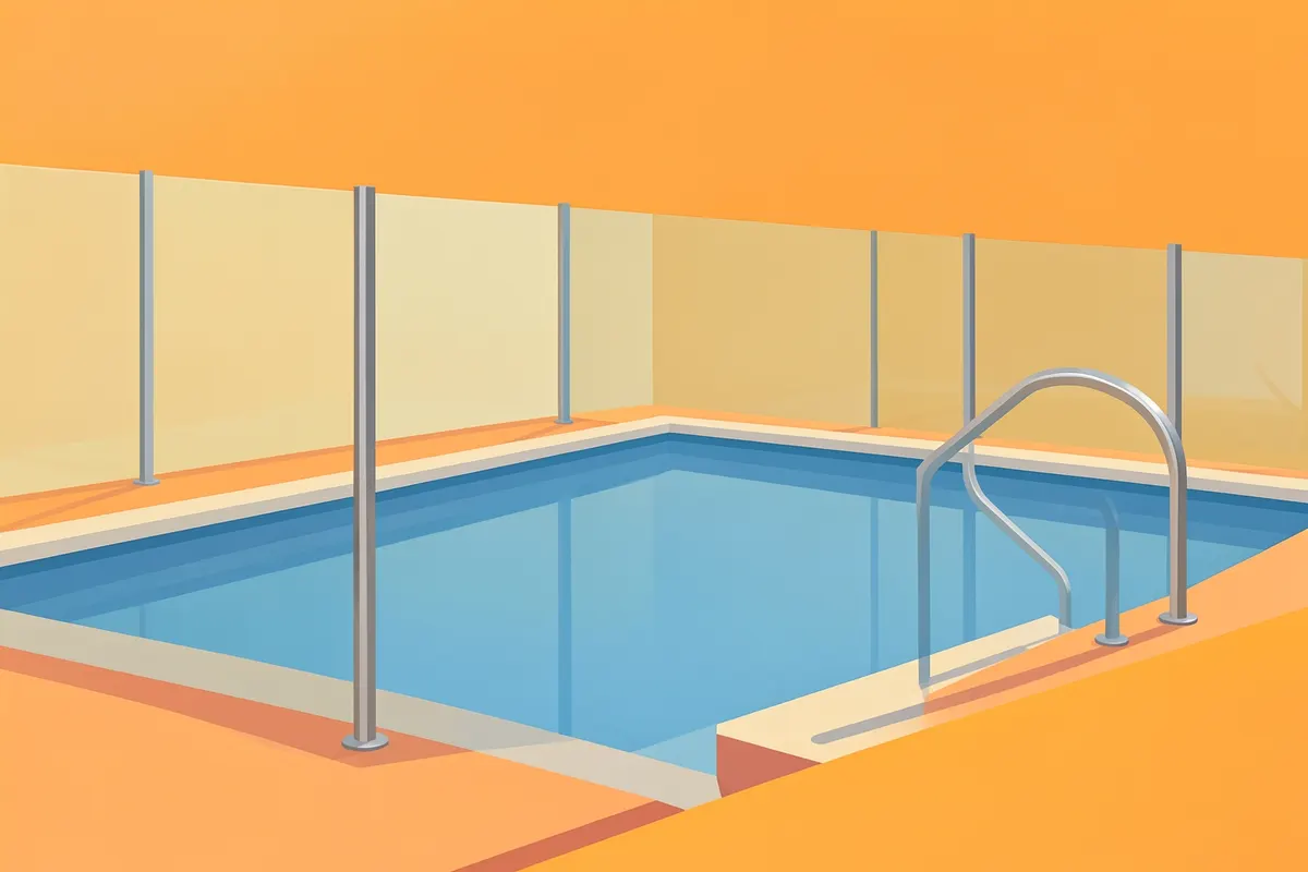Piscina com deck de madeira e cerca de segurança de vidro com corrimão de metal