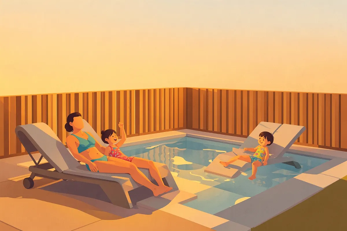 Família relaxando perto de uma piscina com cerca de segurança de madeira