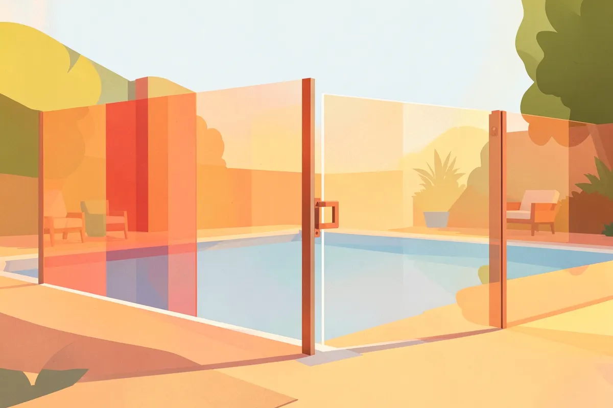 Uma cerca de piscina de vidro transparente com portão, mostrando a piscina e o quintal ao fundo.