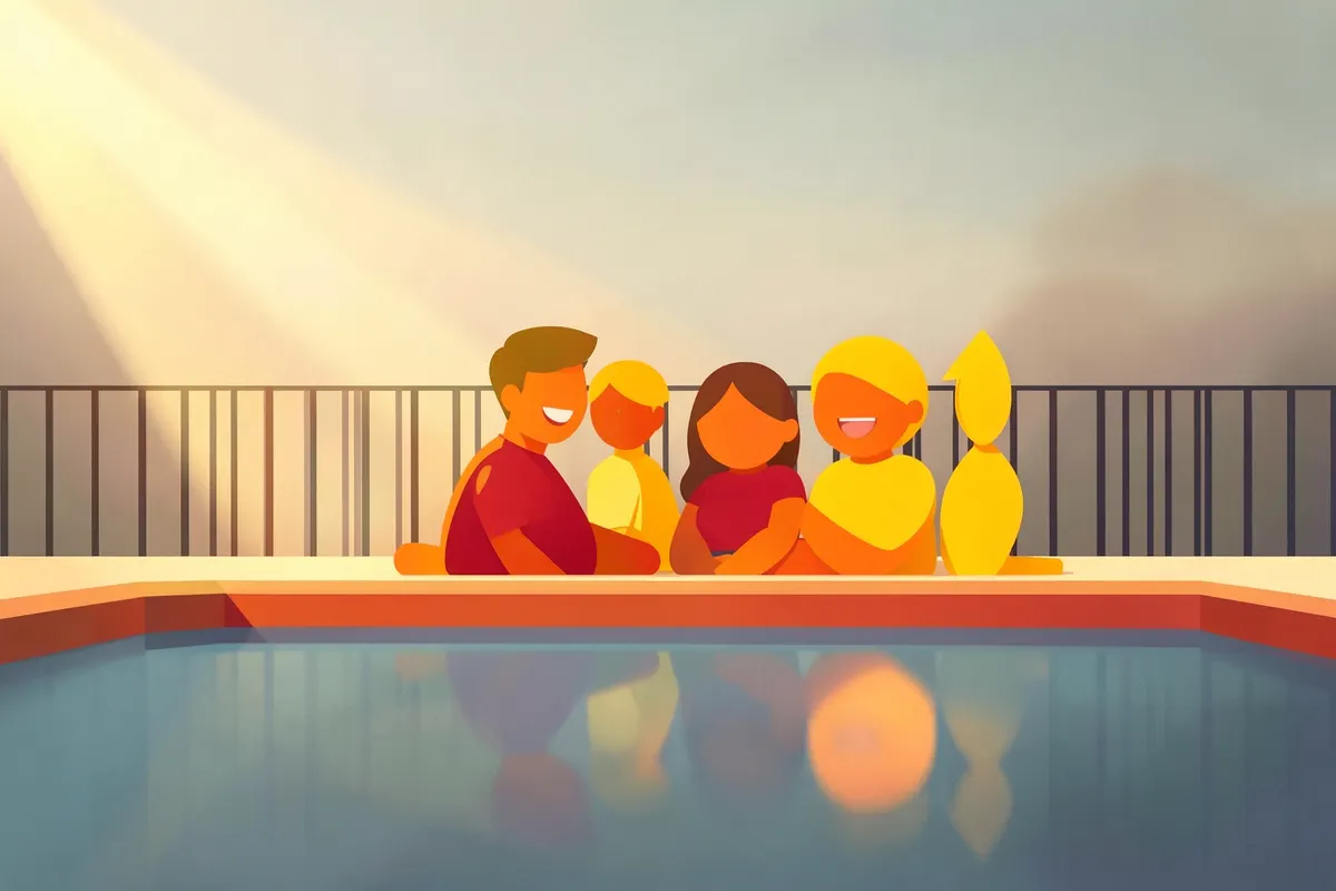 Uma família sorrindo e relaxando perto de uma piscina com uma cerca de segurança visível.