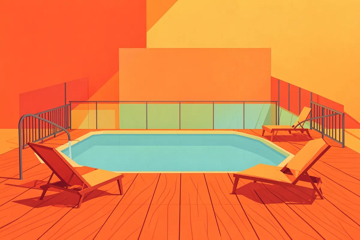 Área de piscina com deck de madeira e uma cerca de segurança elegante ao redor, com espreguiçadeiras.