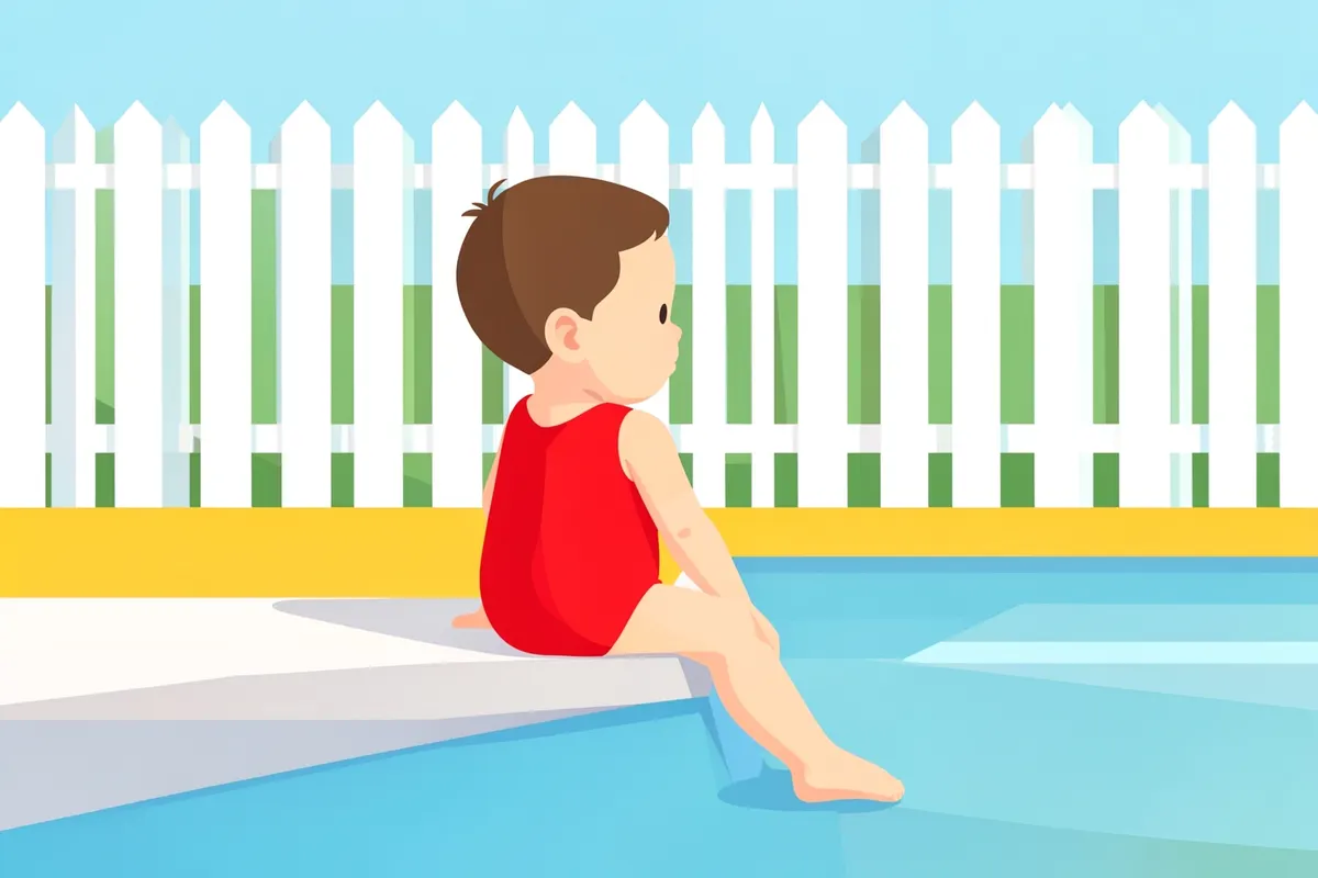 Criança pequena sentada na borda da piscina, com uma cerca de proteção visível ao redor