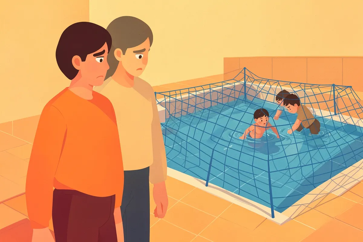 Pais observando atentamente seus filhos brincando em uma piscina com cobertura de segurança