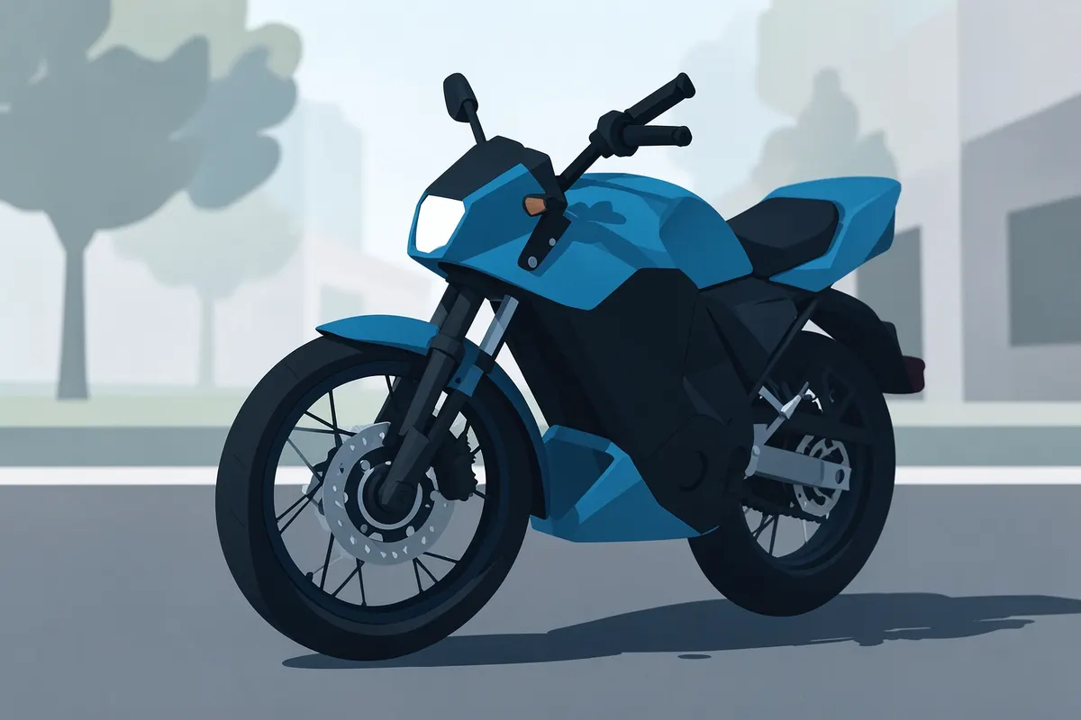 Uma motocicleta azul e preta em um ambiente externo com fundo desfocado.