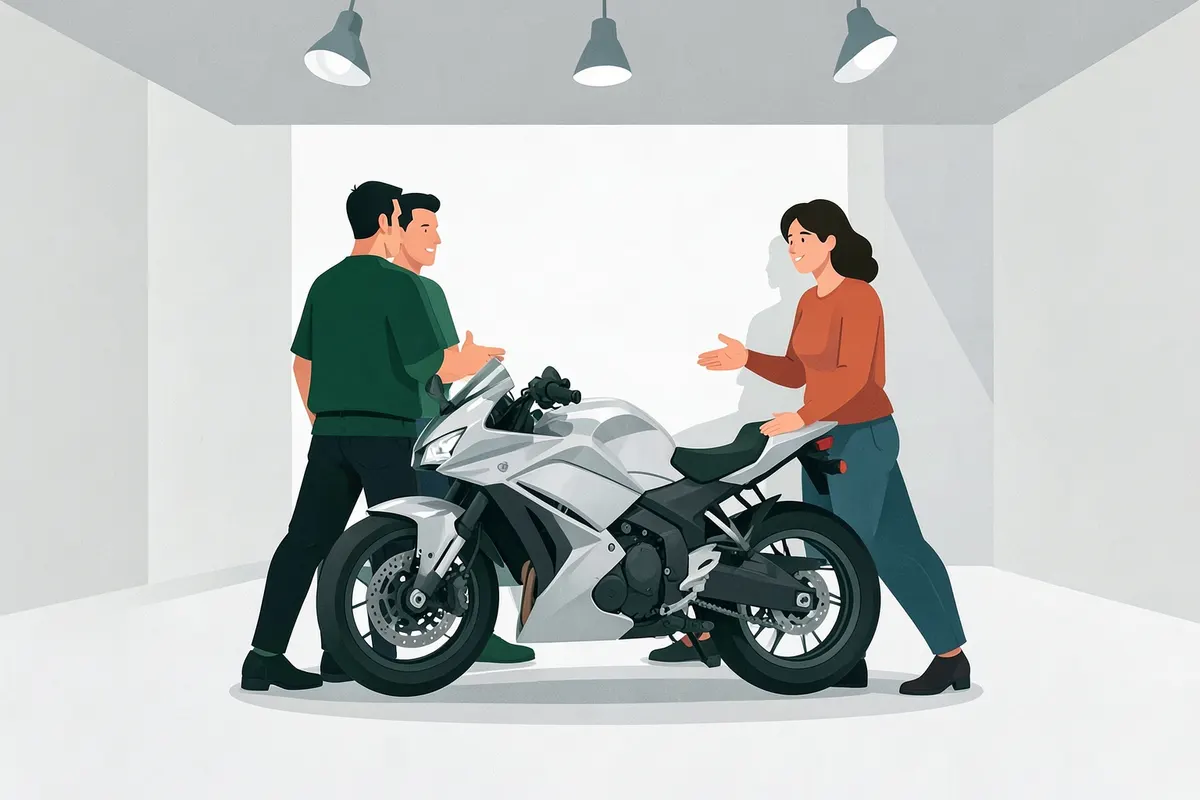 Um grupo de pessoas reunidas em torno de uma motocicleta em um showroom.