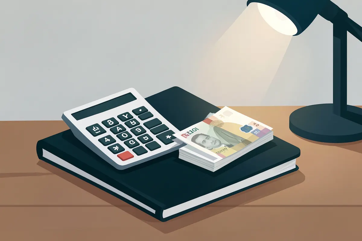Uma calculadora e notas de dinheiro sobre um contrato.