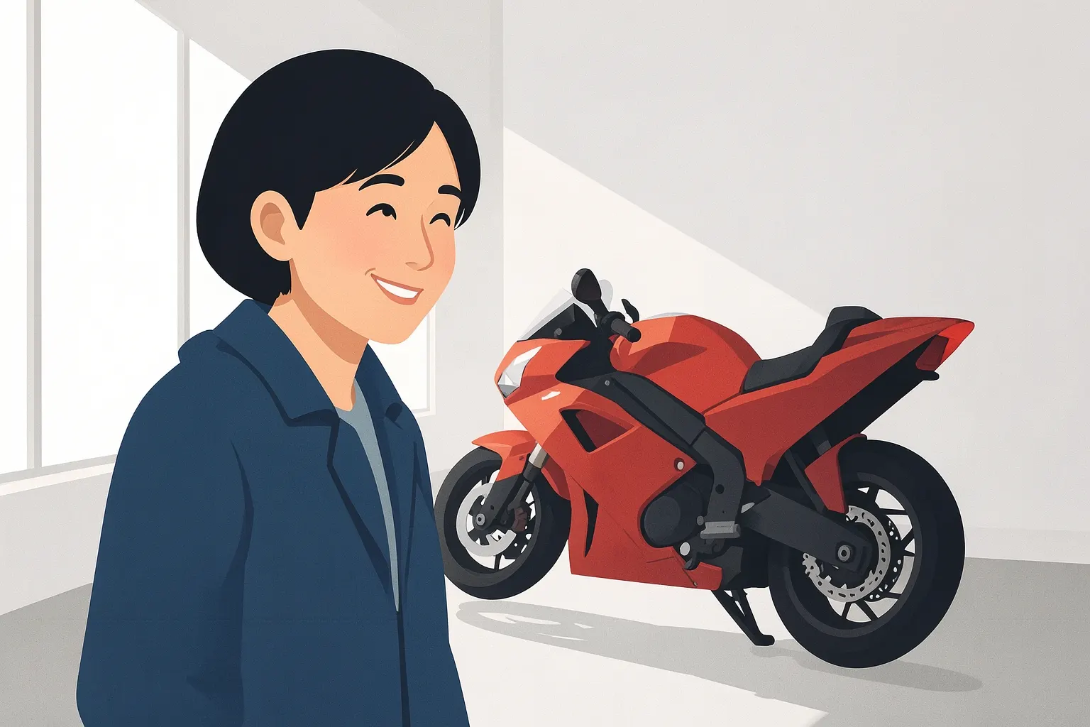 Uma mulher sorrindo, olhando para uma motocicleta vermelha exposta em um showroom com luz natural vinda de uma janela lateral.