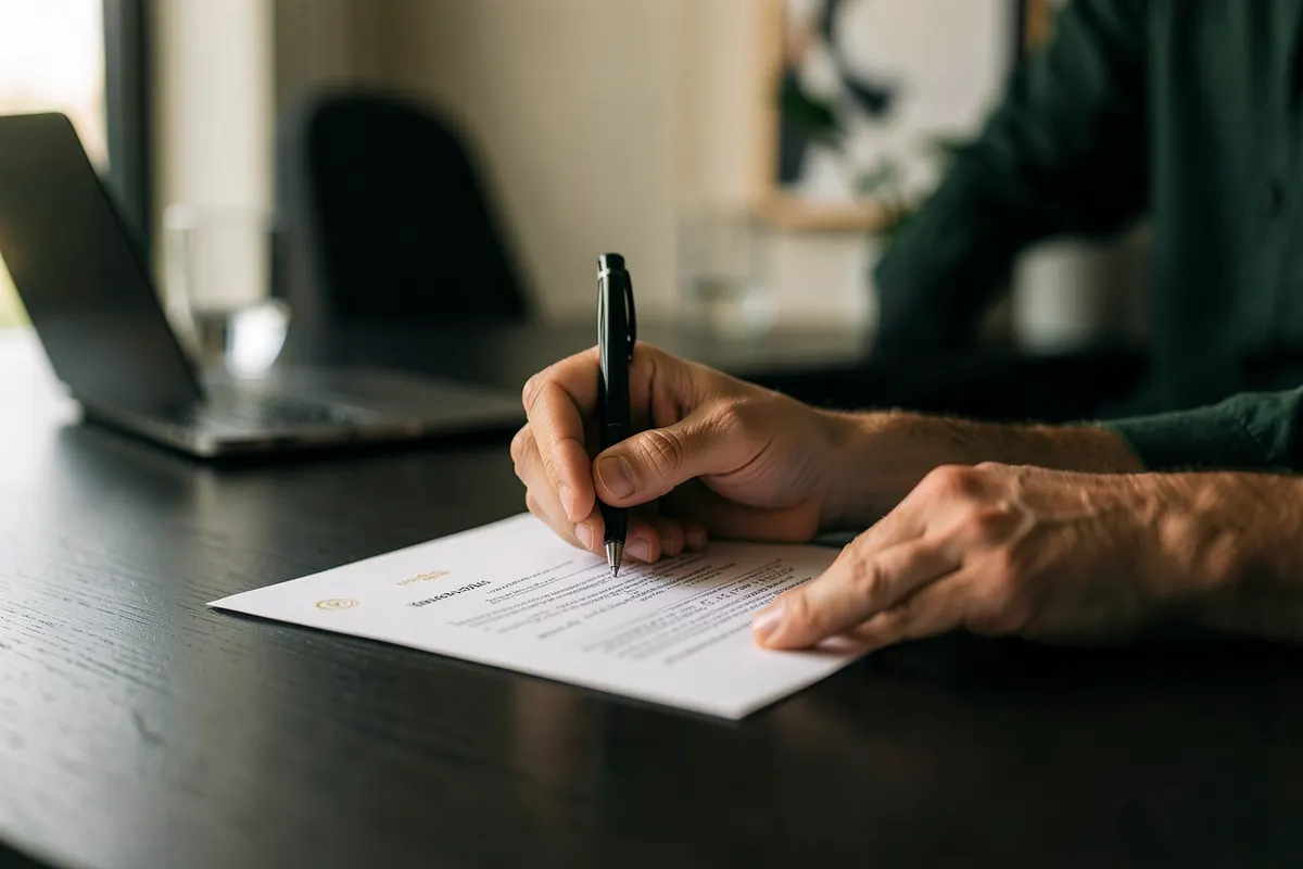 Uma pessoa assinando um contrato de carta de crédito contemplada em uma mesa de escritório moderna, com um laptop e um copo de água ao lado.