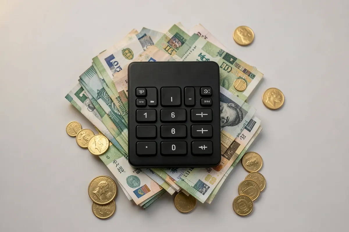 Uma calculadora sobre uma pilha de notas de dinheiro e moedas douradas, representando o custo de uma carta de crédito contemplada.