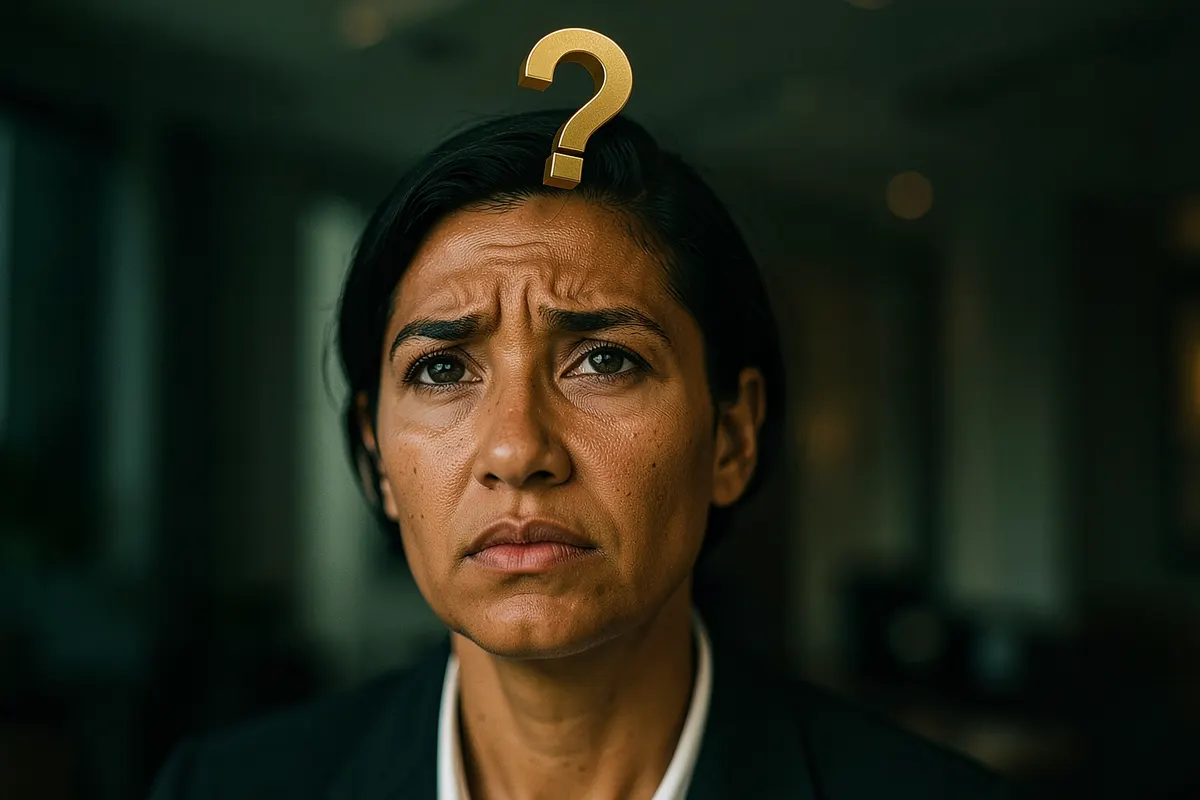 Uma pessoa olhando preocupada para um documento com um ponto de interrogação dourado sobre ele, representando os riscos de uma carta de crédito contemplada.