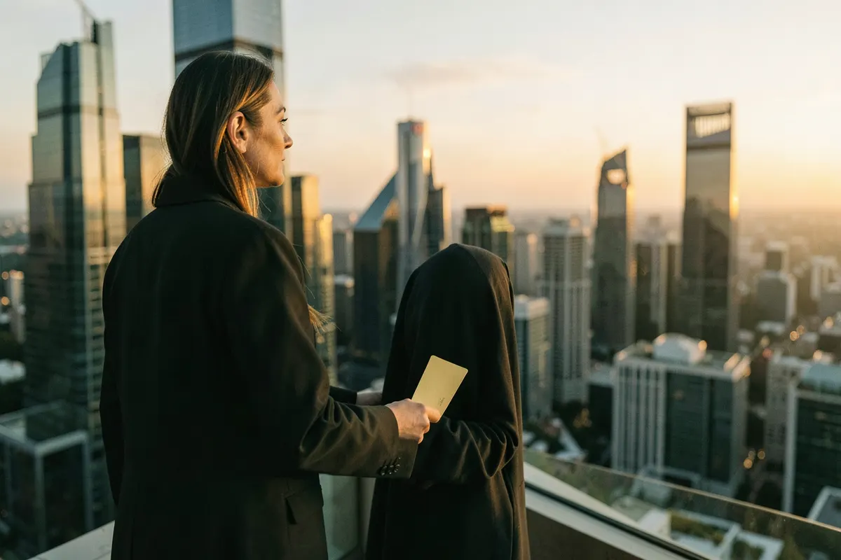 Uma pessoa pensativa olhando para um horizonte urbano ao pôr do sol, com uma carta de crédito dourada na mão, ponderando se vale a pena comprar uma carta de crédito contemplada.