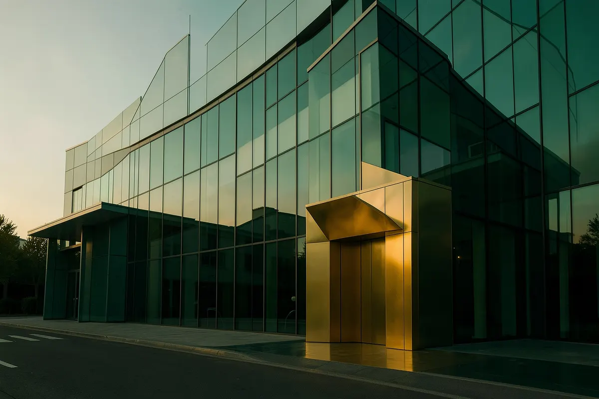 Um edifício moderno e seguro com um cofre dourado em destaque na entrada, simbolizando um local seguro para comprar uma carta de crédito contemplada.