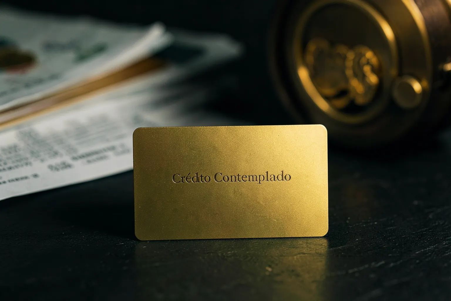 Uma carta de crédito contemplada em destaque, com um fundo desfocado de documentos e um cofre aberto com notas de dinheiro e moedas douradas.