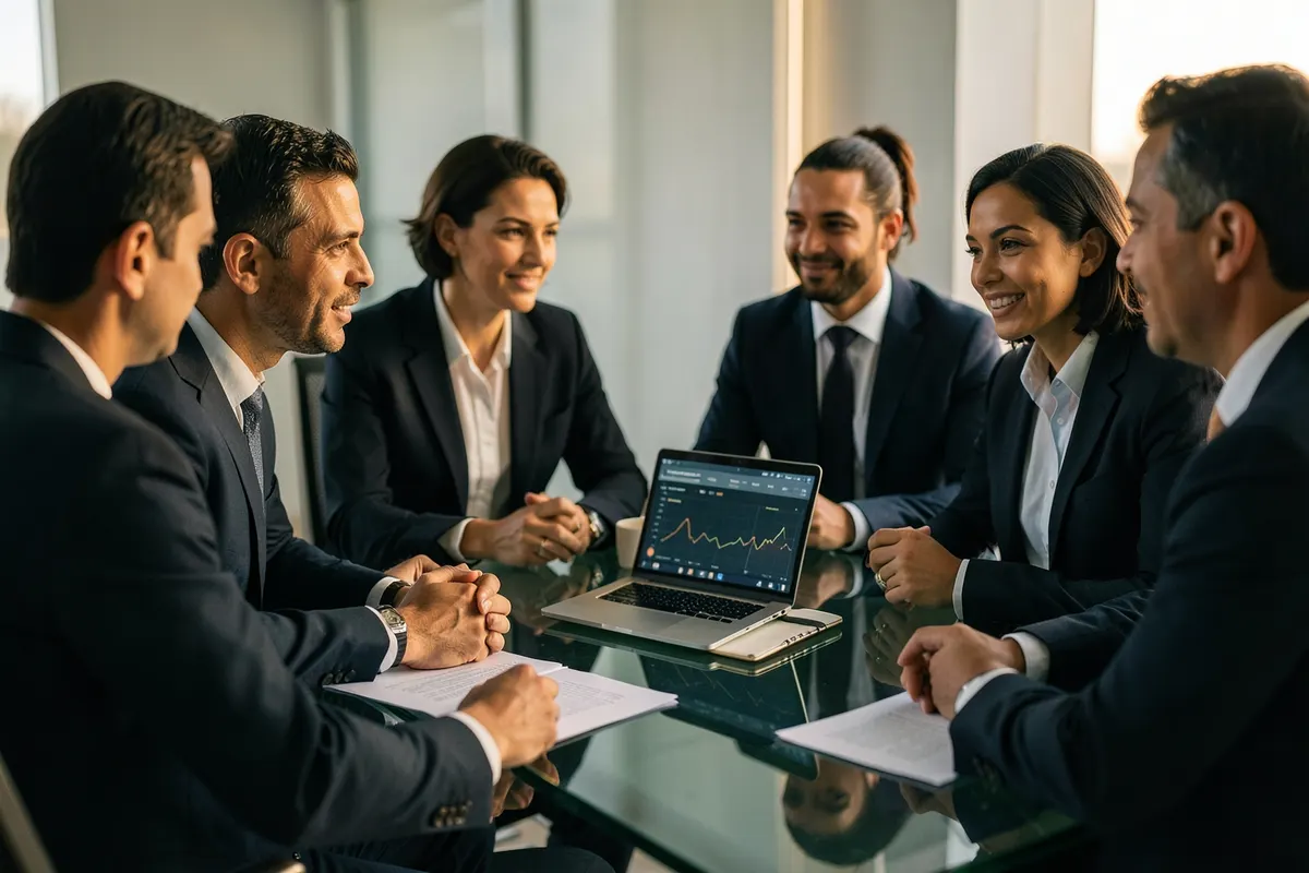 Um grupo de pessoas diversas e profissionais em um ambiente de escritório moderno e sofisticado, discutindo planos em uma mesa com um laptop e papéis organizados.