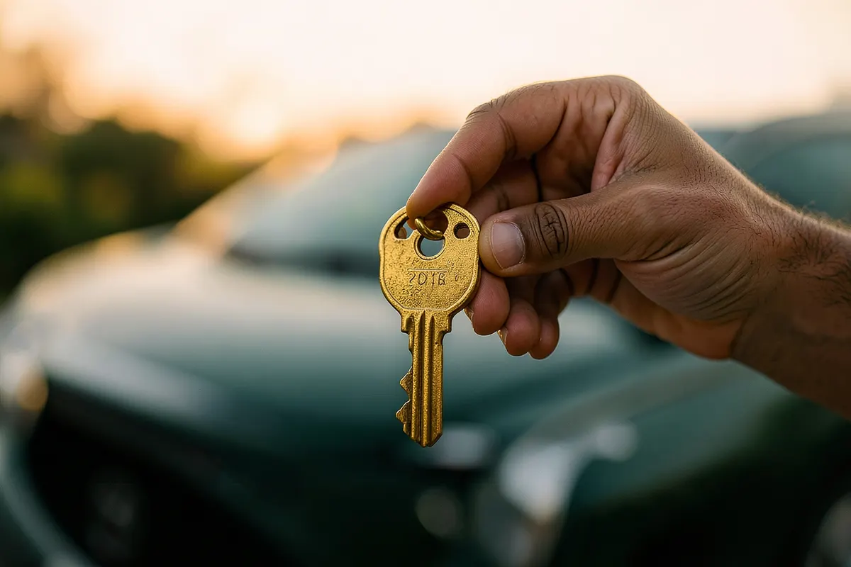 Uma mão segurando uma chave de carro dourada sobre um fundo desfocado de um veículo premium.