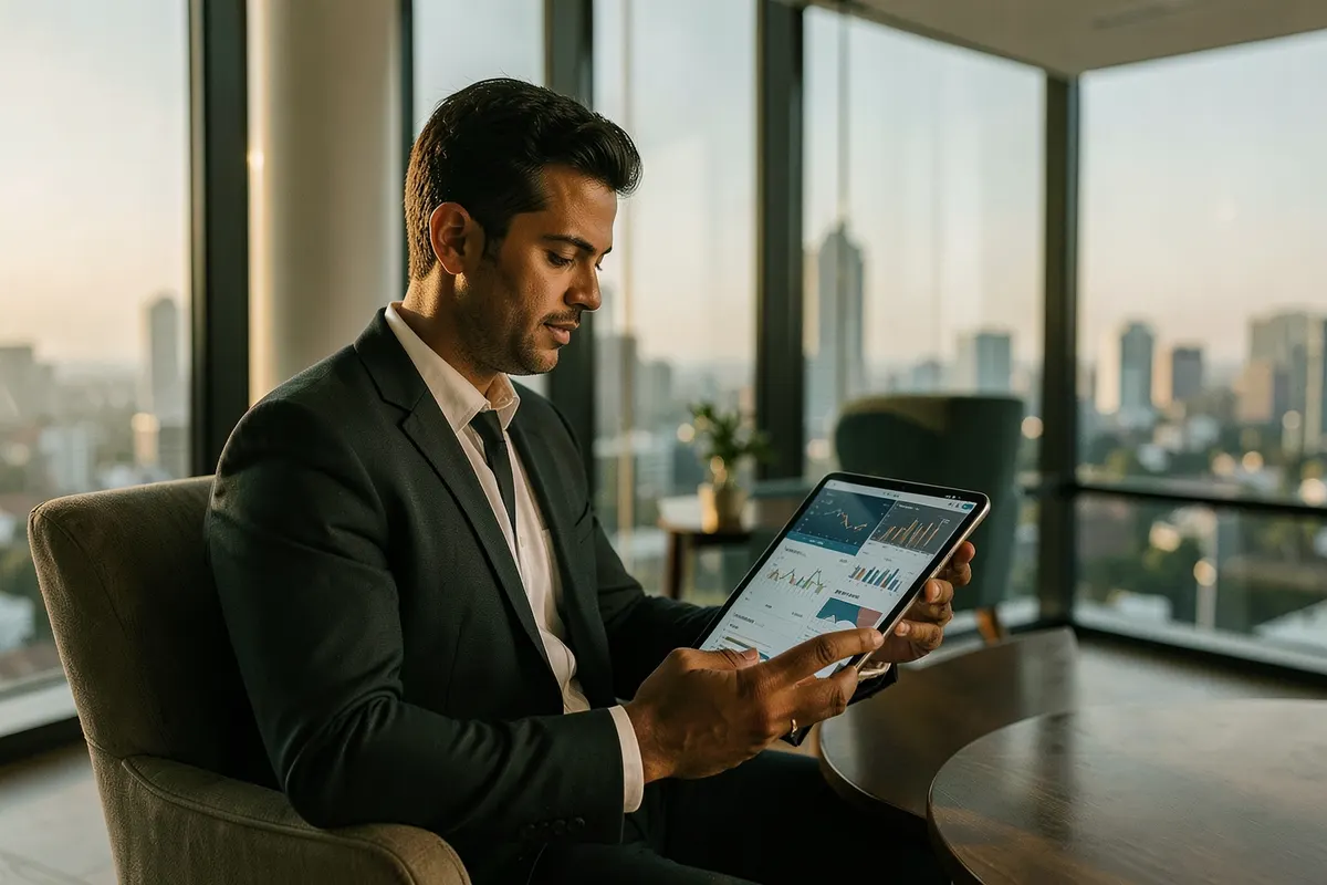Uma pessoa pensativa olhando para um plano de investimento em um tablet, em um escritório elegante com vista para a cidade.