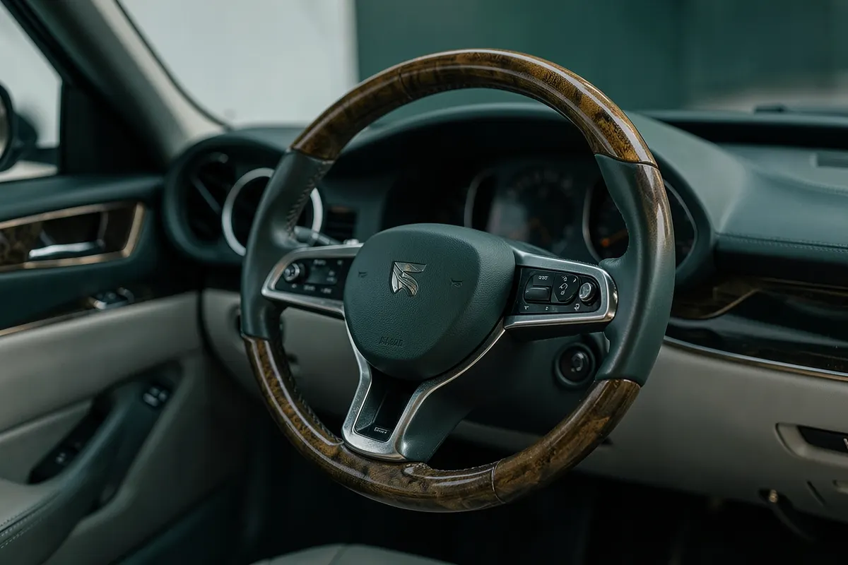 Um close-up de um volante de carro de luxo com detalhes em madeira e couro, em um ambiente de cabine de carro sofisticado.