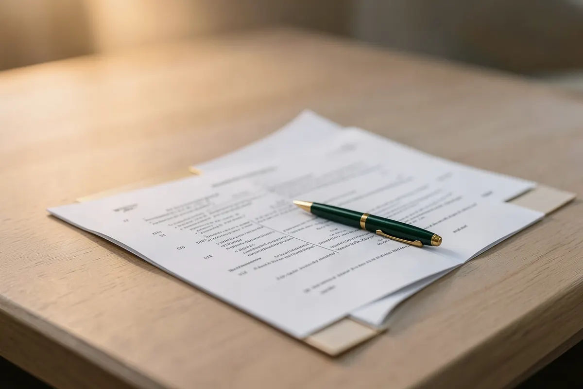 Uma pessoa examinando cuidadosamente um contrato em uma mesa de escritório limpa, com uma caneta ao lado.