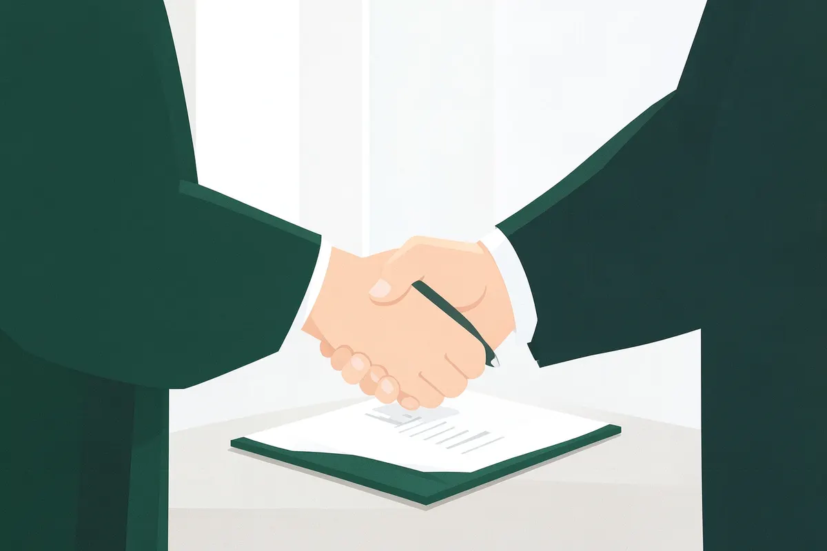 Uma pessoa assinando um contrato de consórcio com um aperto de mão