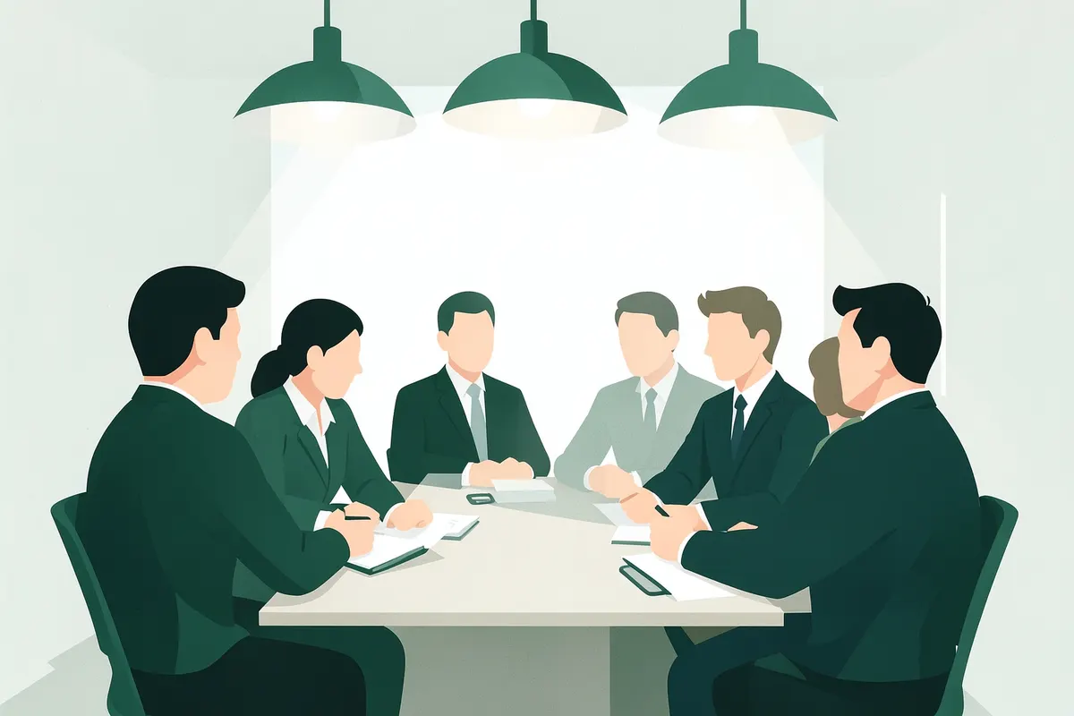 Um grupo de pessoas em uma reunião discutindo planos para um imóvel