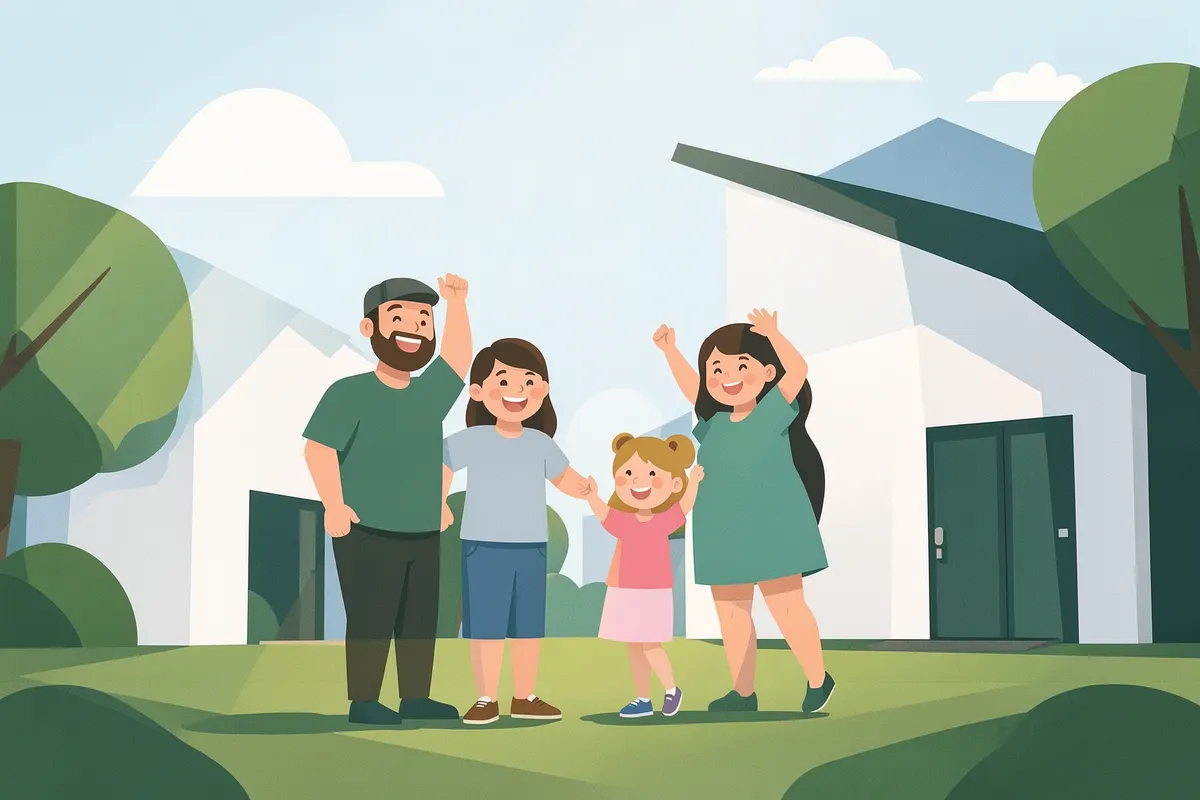 Uma família feliz celebrando a chave de uma casa nova