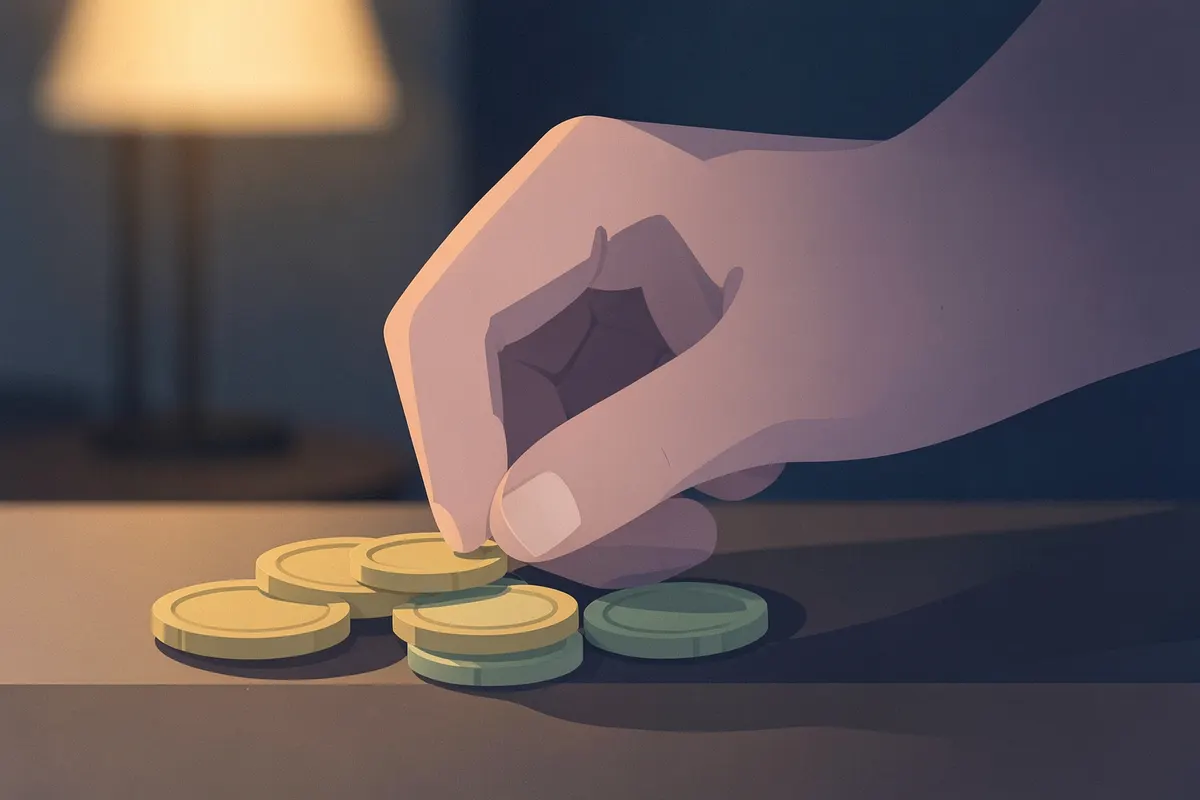 Uma mão contando moedas de dinheiro em uma mesa