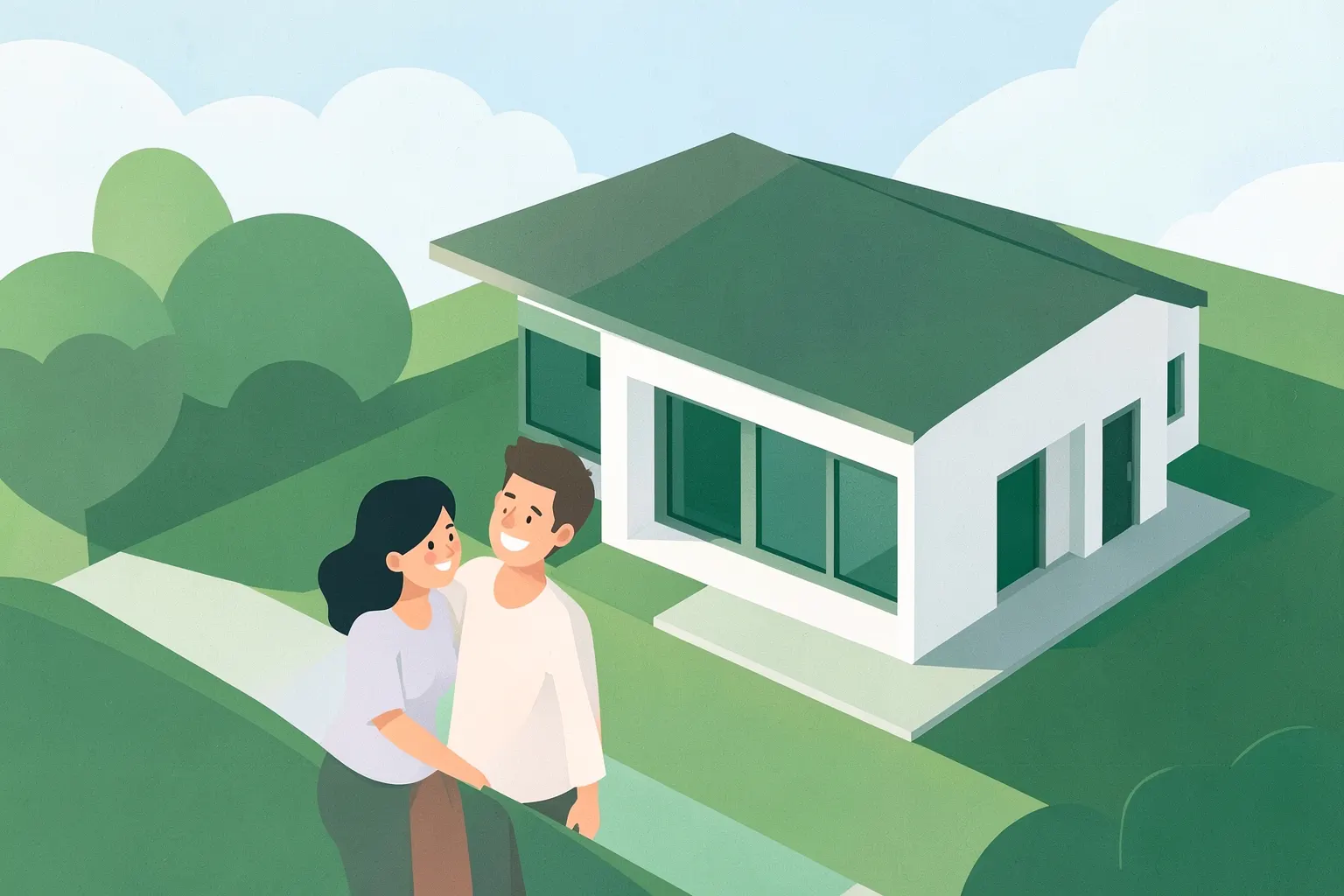 Um casal sorrindo olha para uma casa nova em um dia ensolarado