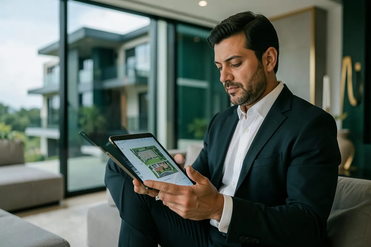 Uma pessoa analisando um plano de consórcio imobiliário em um tablet, com uma casa ao fundo.