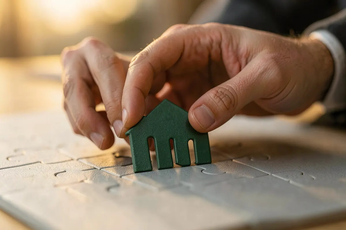Mãos colocando uma peça de quebra-cabeça que representa uma casa em um tabuleiro.