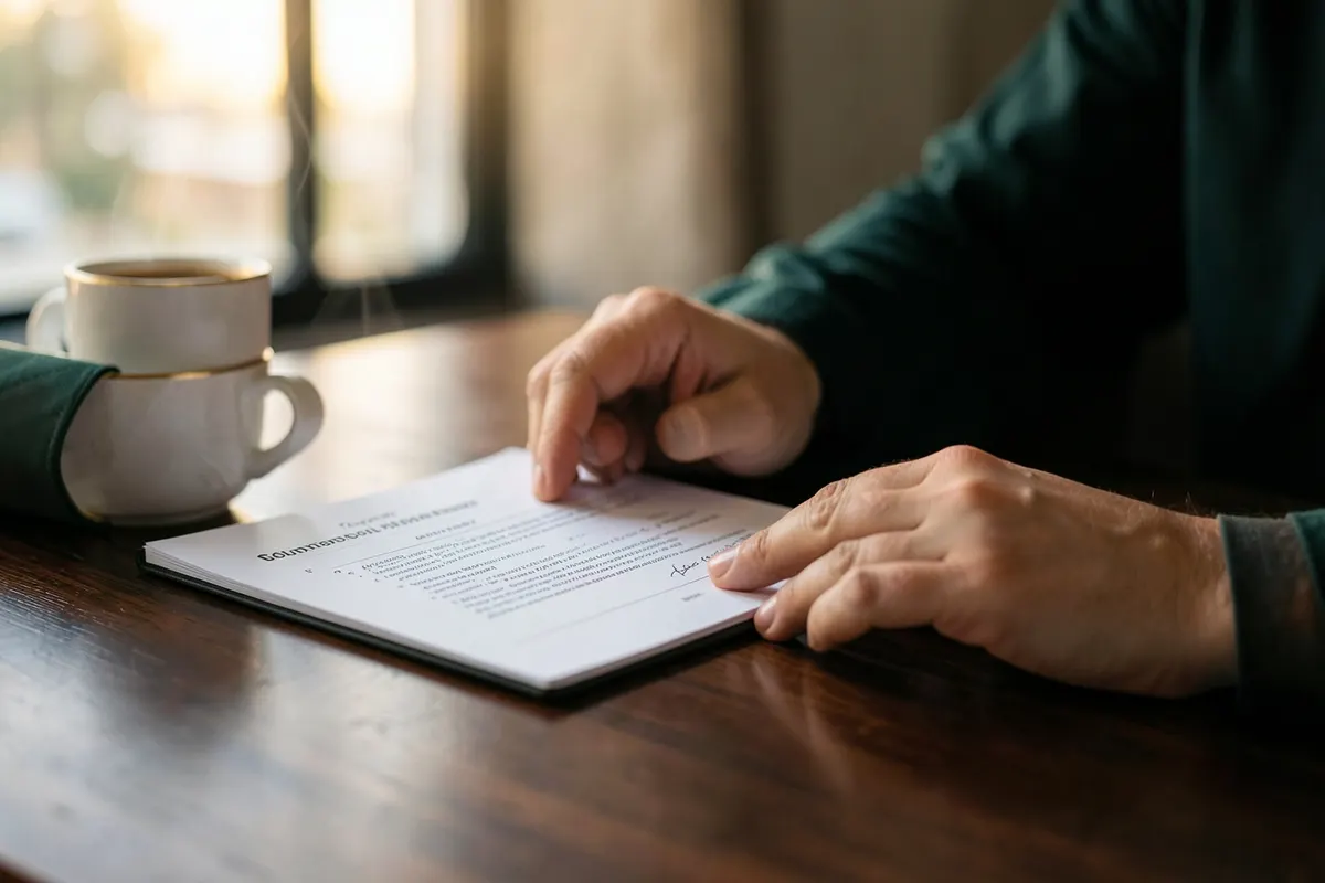 Mãos de uma pessoa analisando um contrato de consórcio em uma mesa com um notebook e uma xícara de café.