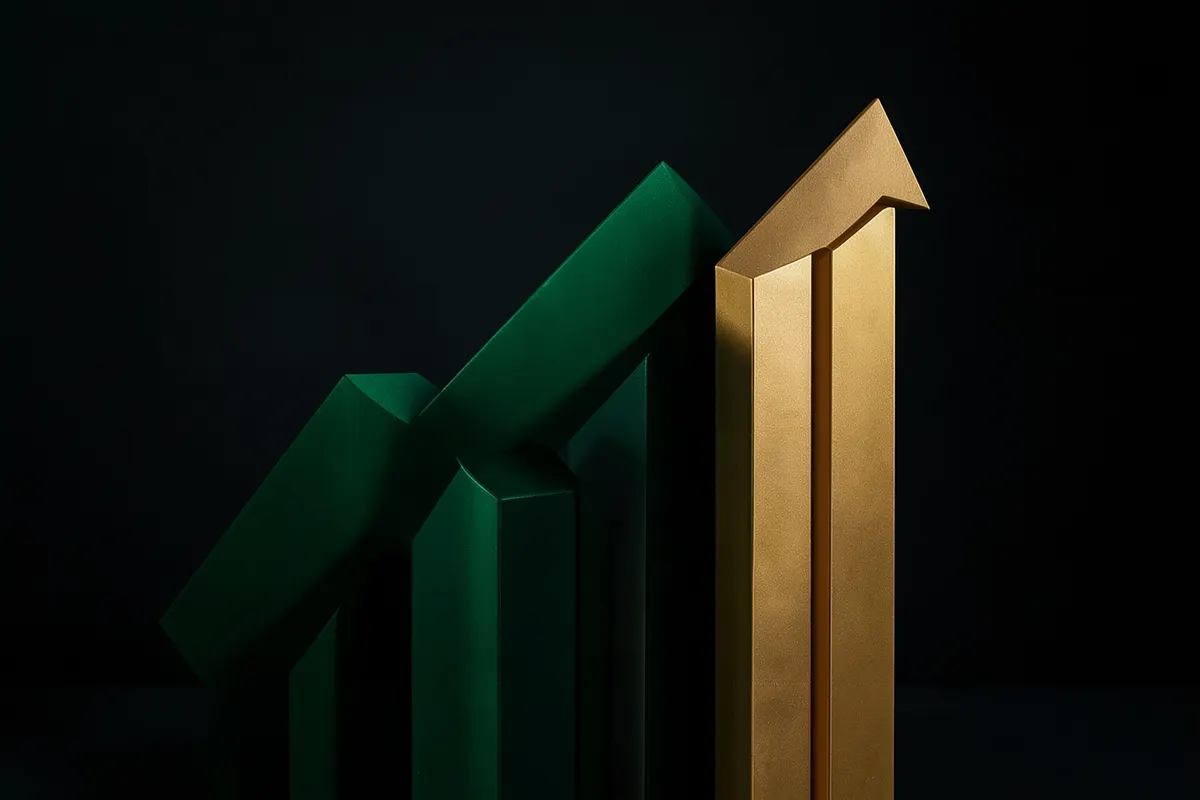 Gráfico abstrato de barras verdes e douradas subindo, representando crescimento financeiro, em fundo escuro.