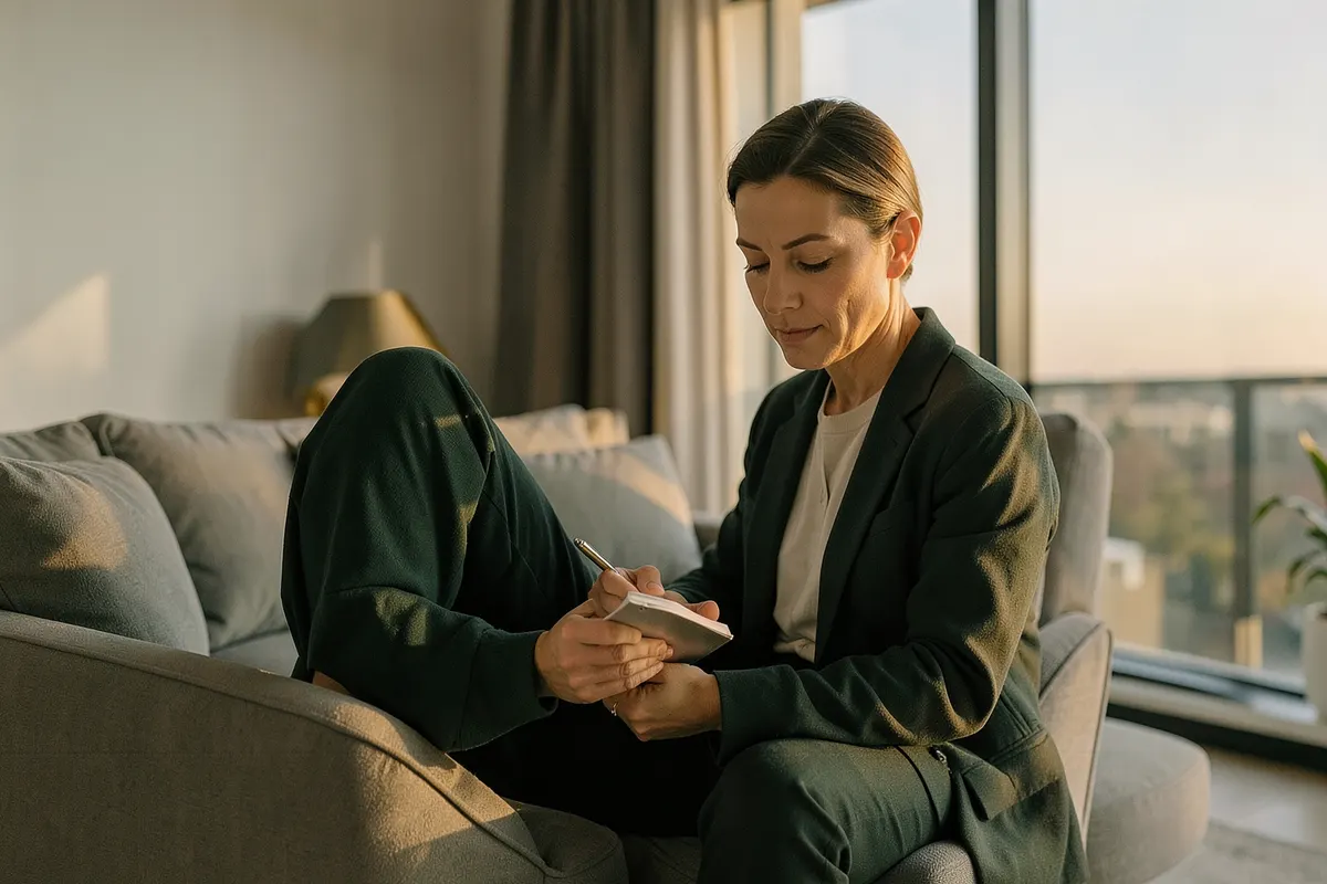 Pessoa sentada em uma sala de estar moderna e elegante, usando um notebook para simular um consórcio.