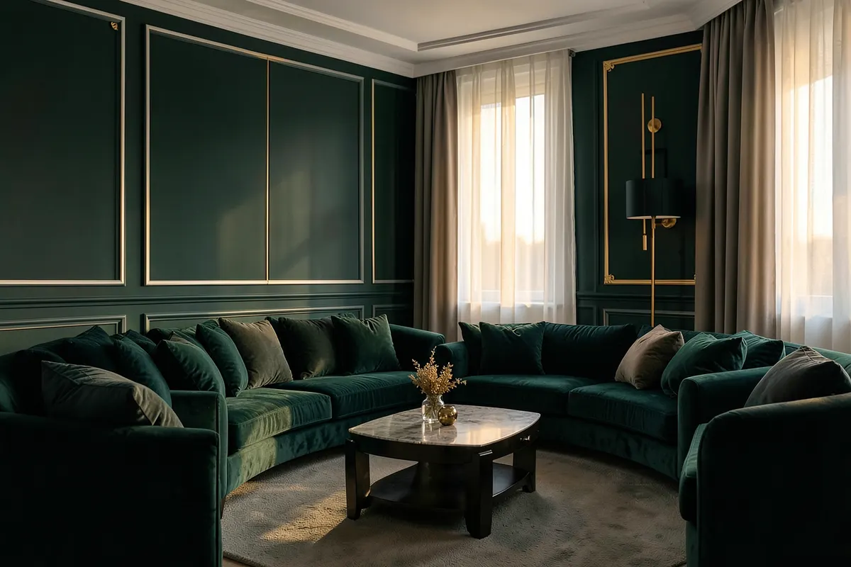 Uma sala de estar elegante com tons de verde escuro, branco e detalhes dourados, transmitindo conforto e sofisticação.
