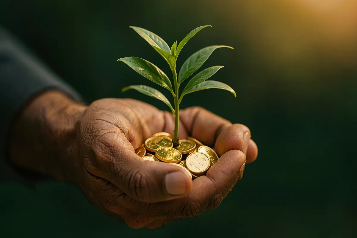 Uma mão segurando uma pequena planta que nasce de moedas douradas, simbolizando o início de um investimento imobiliário.
