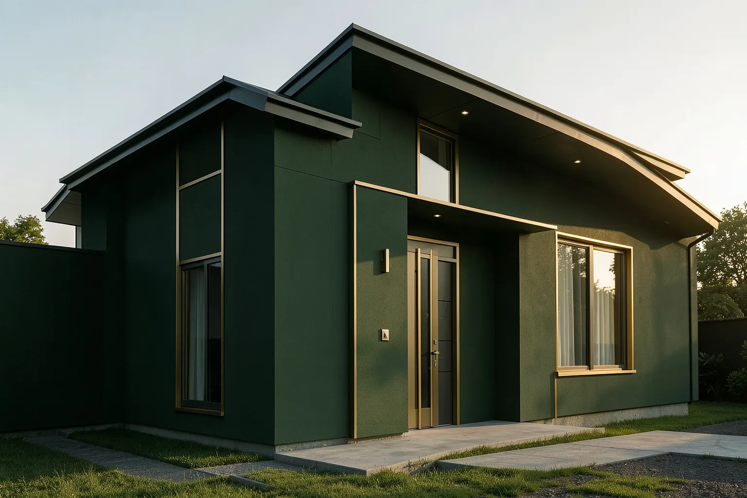 Uma casa moderna com detalhes em dourado e verde escuro, em um ambiente limpo e sofisticado.
