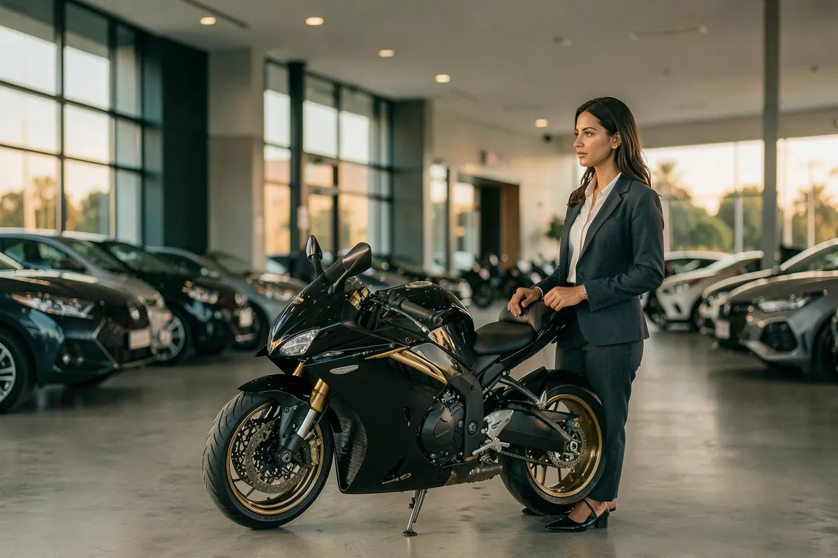 Uma mulher sorrindo, olhando para uma moto esportiva preta e dourada em uma concessionária moderna.