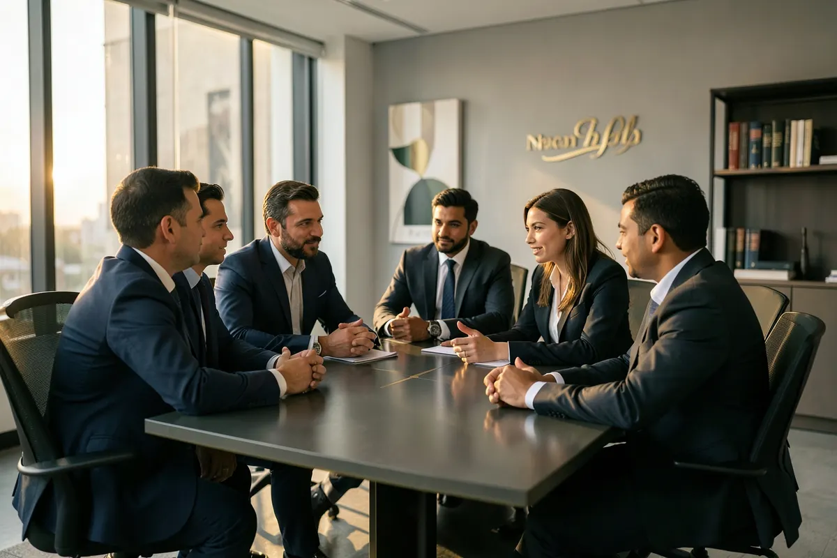Grupo de pessoas em volta de uma mesa discutindo planos em um escritório moderno com detalhes em dourado.