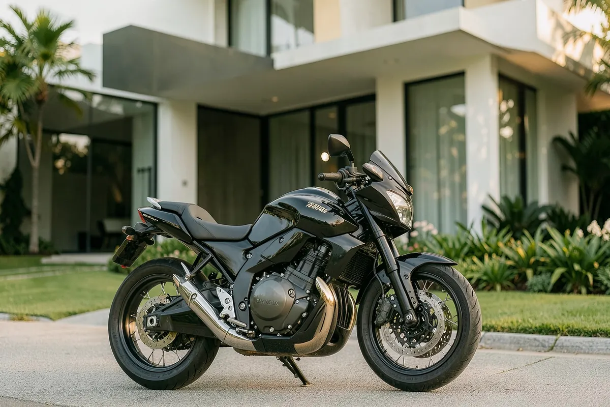 Uma moto premium preta e cromada estacionada em frente a uma casa moderna e elegante.