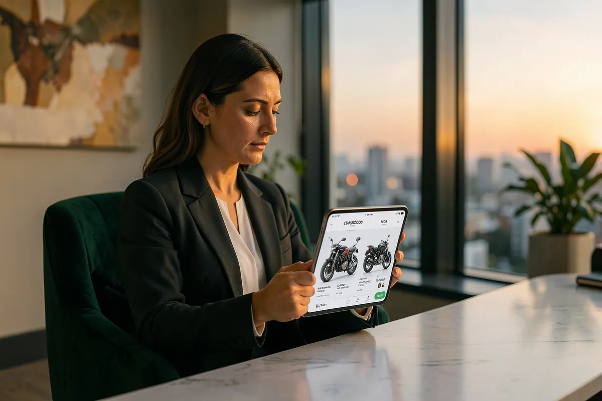 Uma mulher escolhendo entre diferentes modelos de motos em um catálogo digital em um tablet.