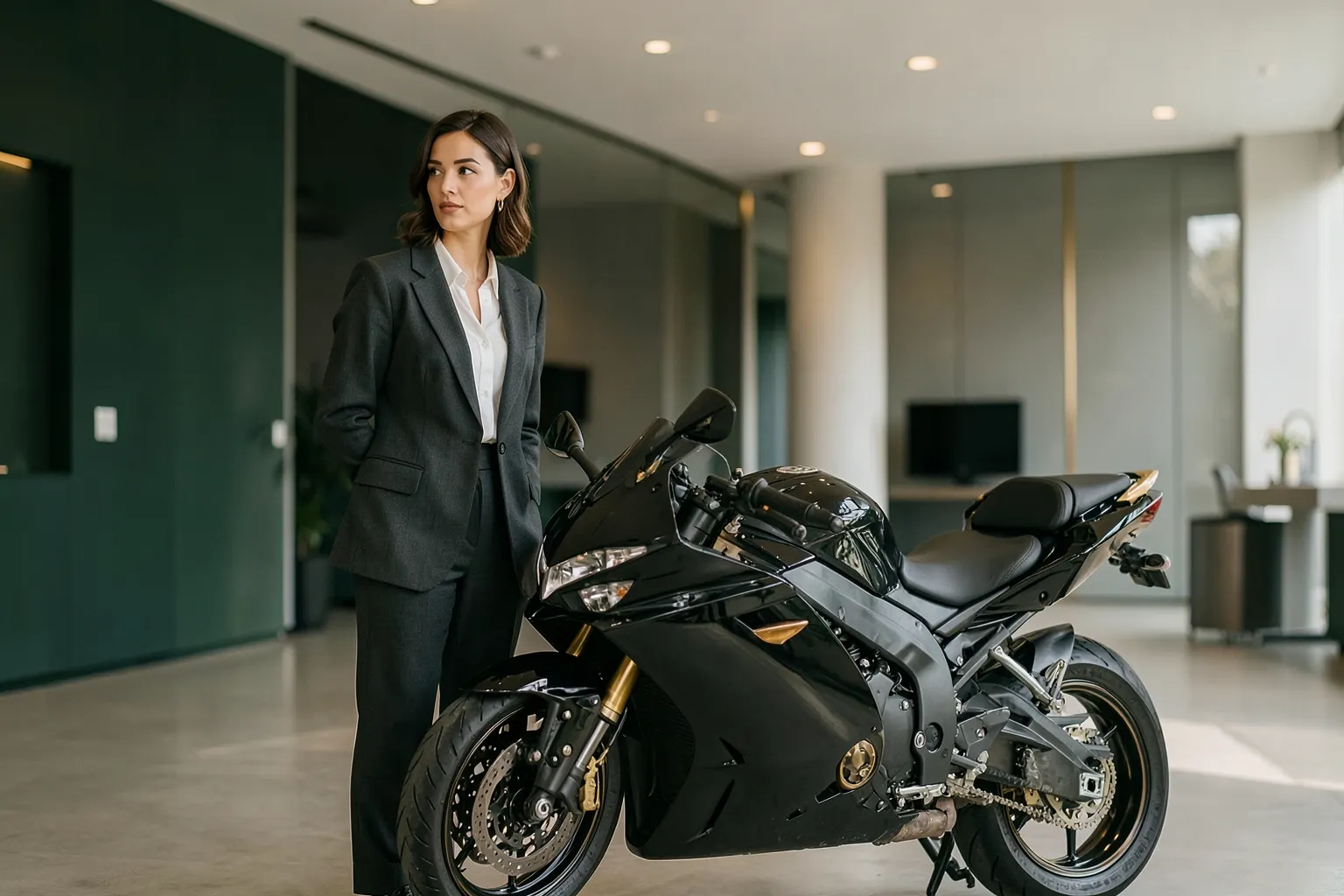 Uma mulher sorrindo, olhando para uma moto esportiva preta e dourada em uma concessionária moderna.