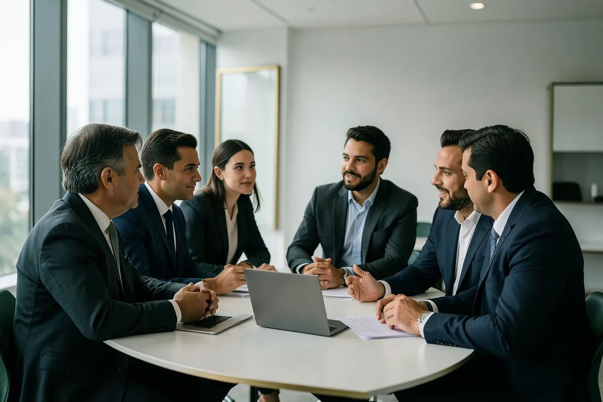 Um grupo de pessoas diversas em um ambiente de escritório moderno e iluminado, discutindo planos em uma mesa com um laptop e papéis. A iluminação é suave e natural.