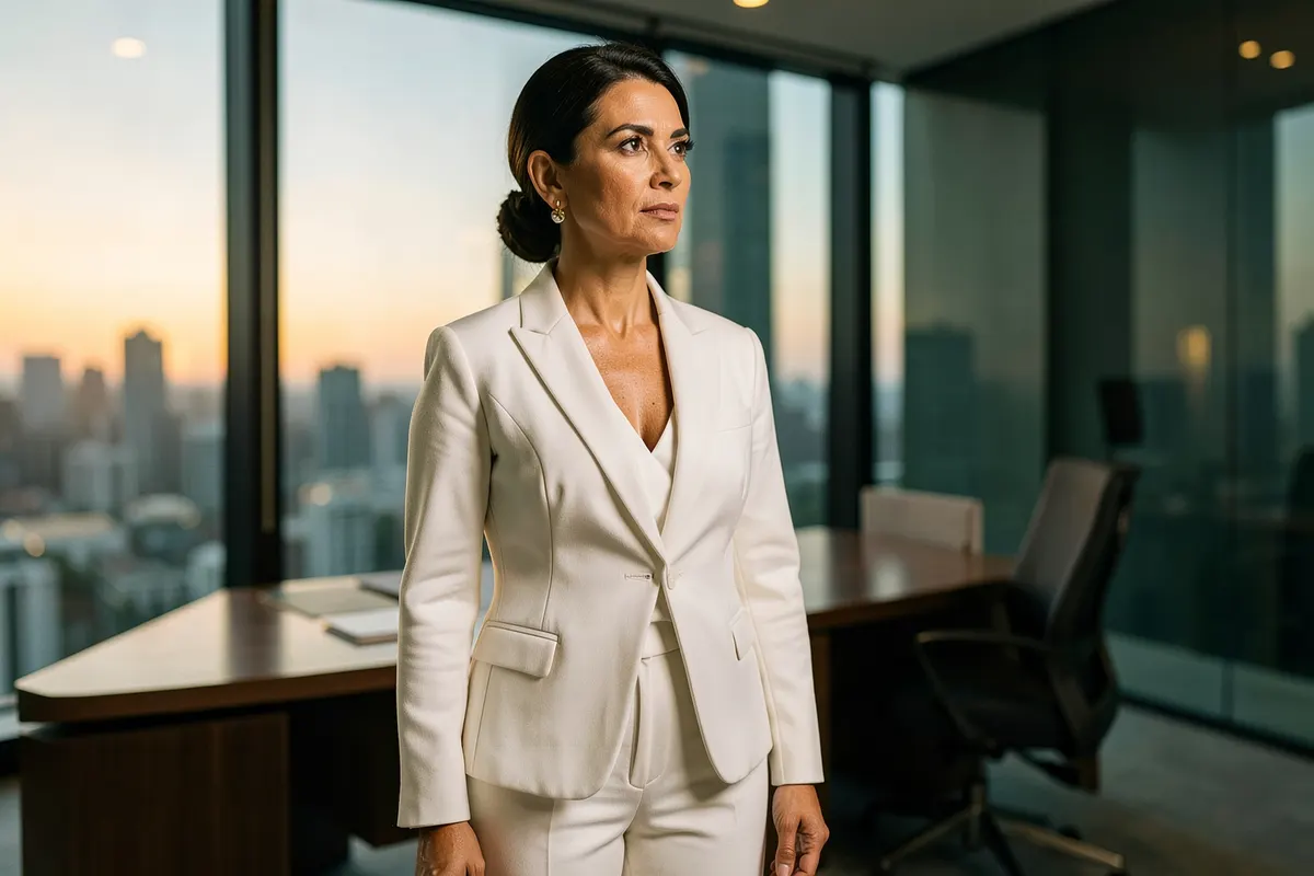 Uma mulher elegante em um blazer branco está em um ambiente de escritório sofisticado, olhando para o lado com uma expressão pensativa. Uma planta verde está ao seu lado. A luz é suave e cinematográfica.