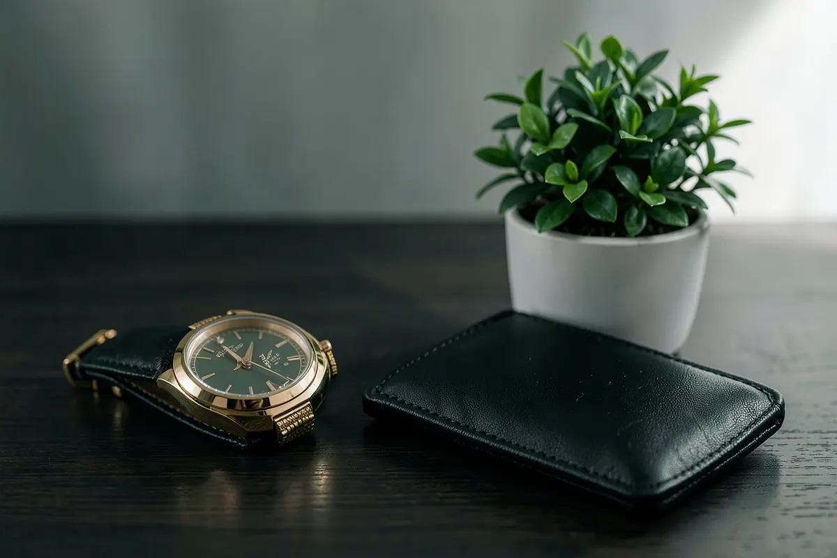 Uma composição de objetos de luxo sobre uma mesa de madeira escura: um relógio dourado, uma carteira de couro preta e uma pequena planta em um vaso de cerâmica. A luz é focada e suave.