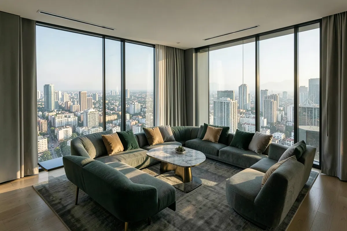 Uma vista aérea de um apartamento de alto padrão com móveis minimalistas e uma grande janela com vista para a cidade. A luz natural inunda o espaço.