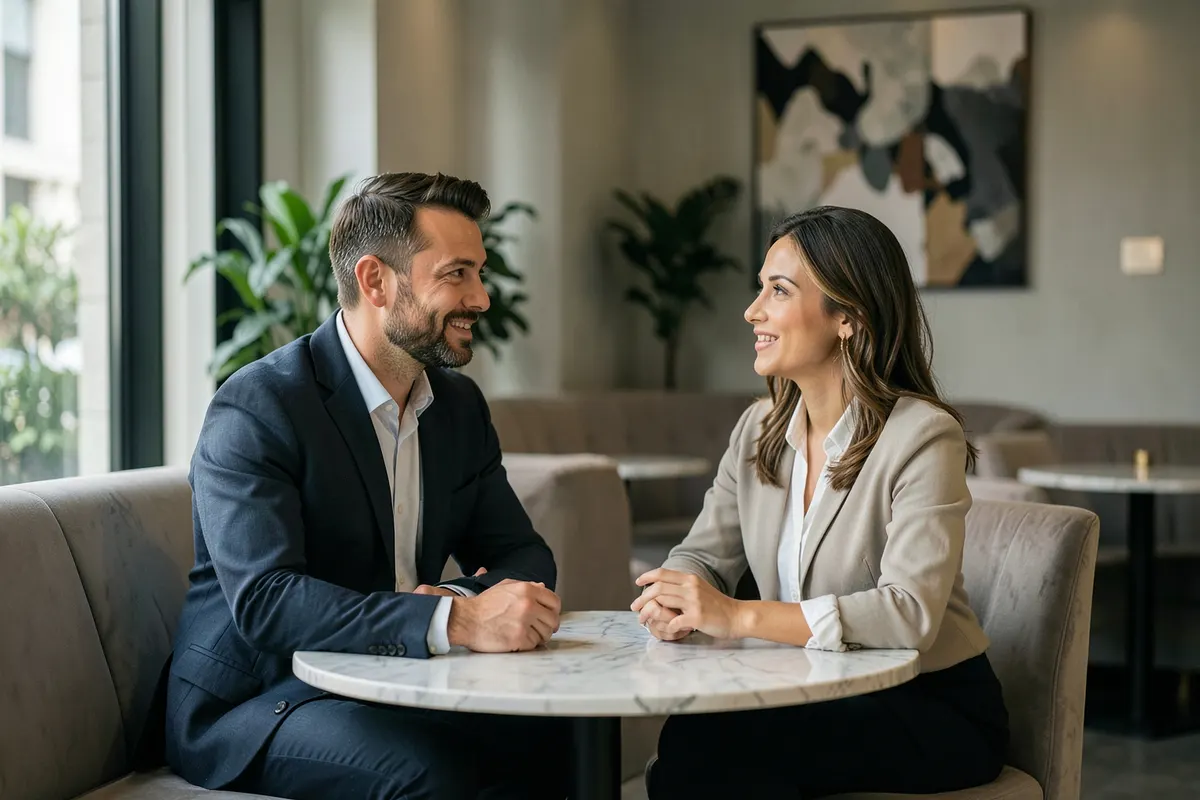 Um homem e uma mulher, ambos com roupas casuais elegantes, sentados em um café moderno, conversando e sorrindo. A luz é natural e suave, vindo de uma janela próxima.