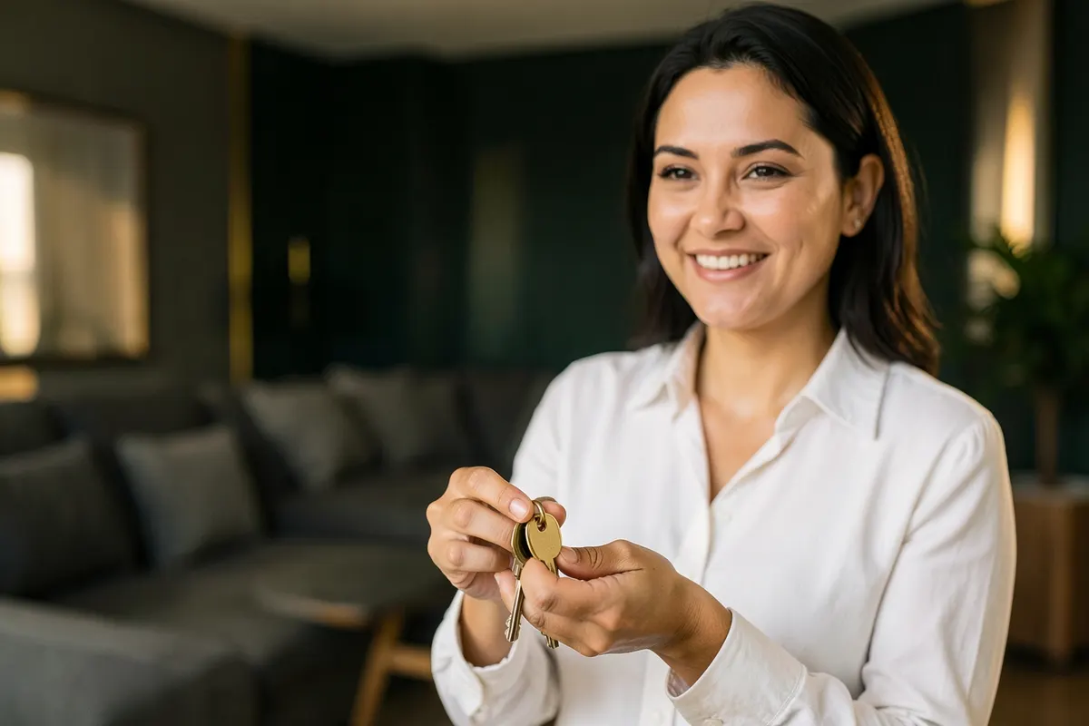 Uma mulher sorri enquanto segura as chaves de um apartamento, com um fundo desfocado de um imóvel moderno em tons de verde escuro e dourado.