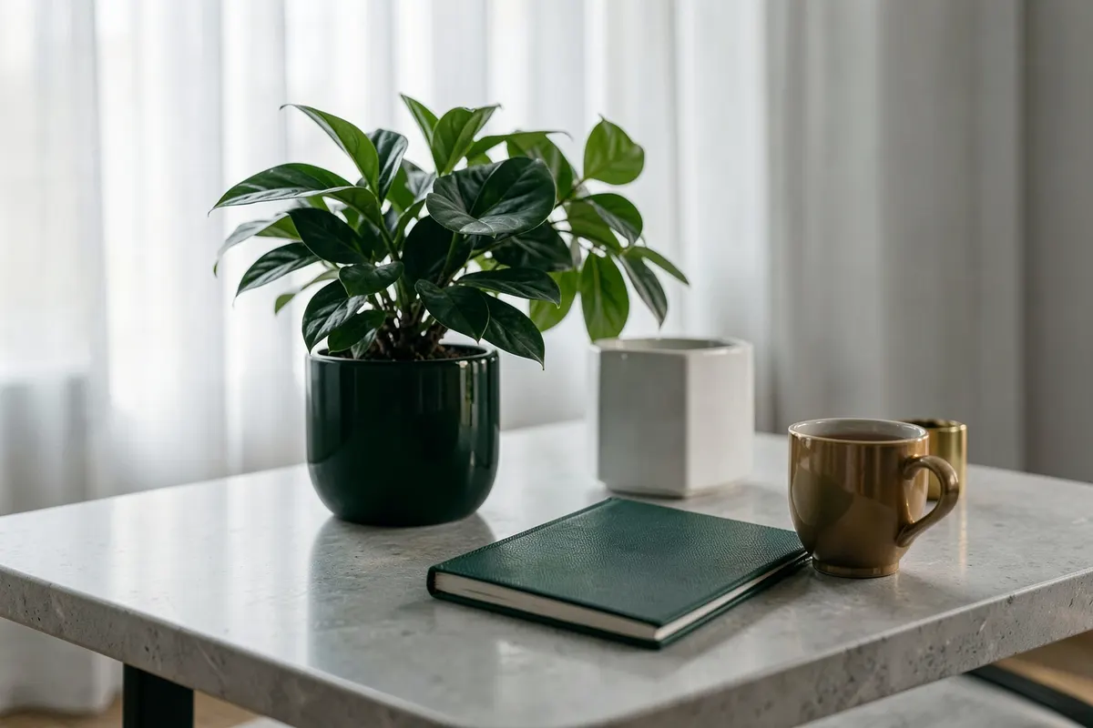 Uma mesa de centro com uma planta, um notebook fechado e uma xícara de café, em um ambiente sofisticado com tons de verde escuro e dourado.
