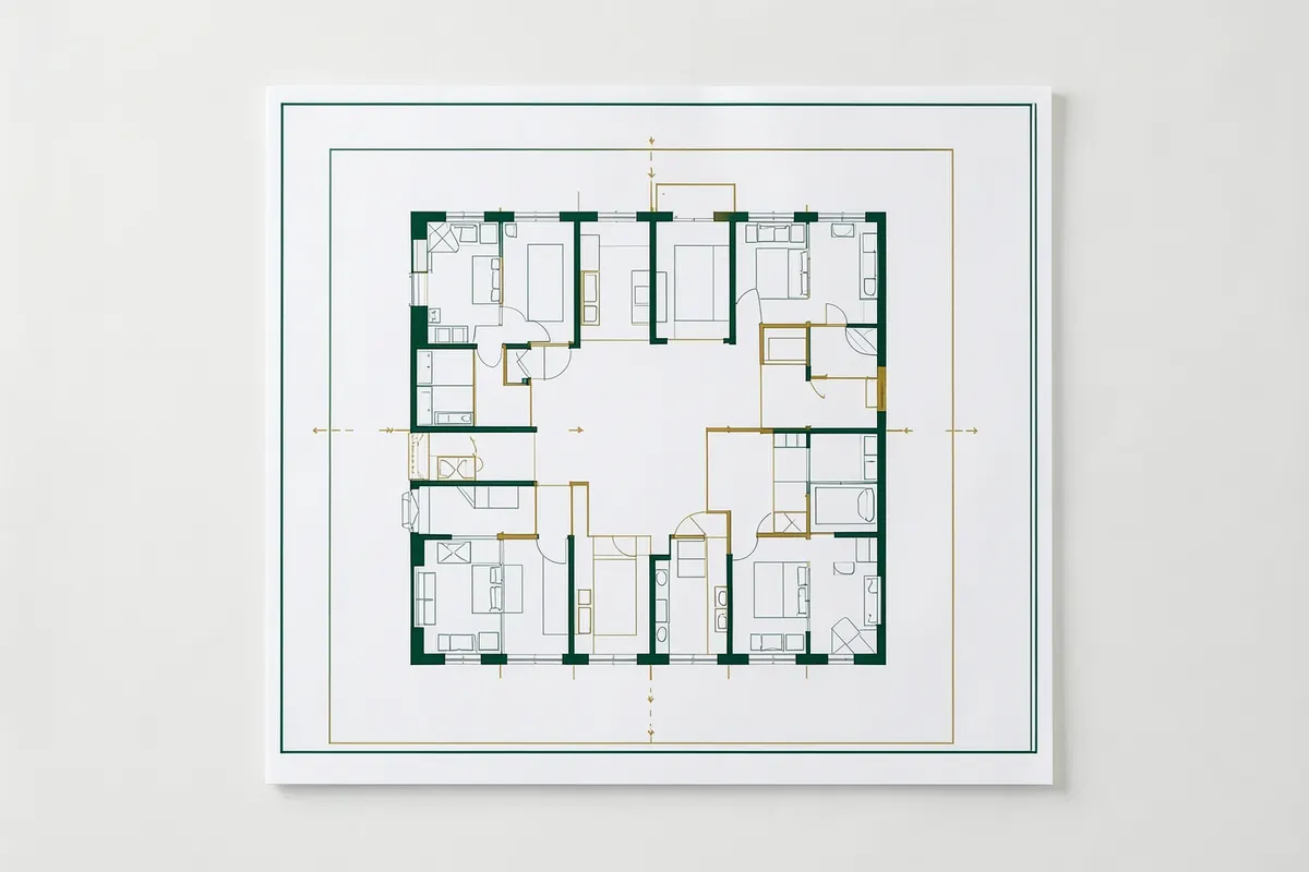 Uma vista aérea de uma planta baixa de um imóvel moderno, com detalhes em verde escuro e dourado, sobre uma superfície clara.