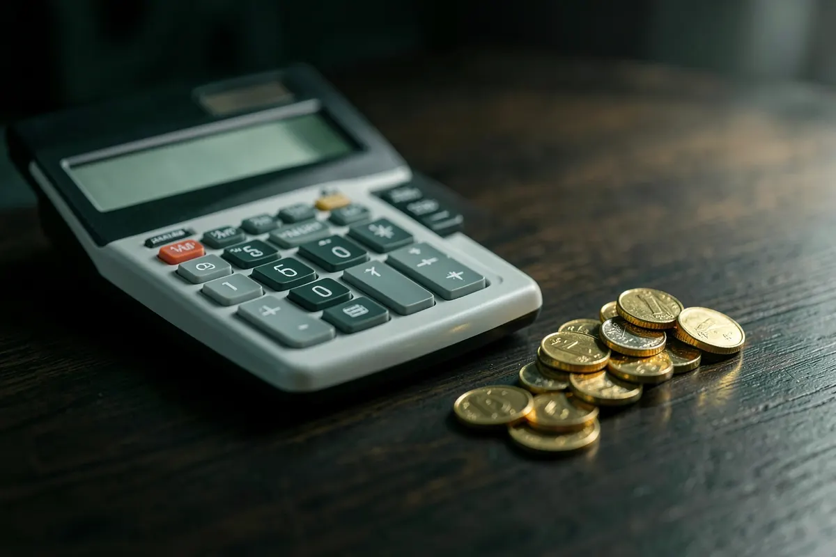 Uma calculadora antiga e um pequeno monte de moedas douradas sobre uma superfície de madeira escura, com foco seletivo.